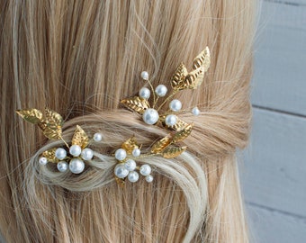 Gold Leaf Wedding Hair Pin: Pearl Bridal Hair Accessory