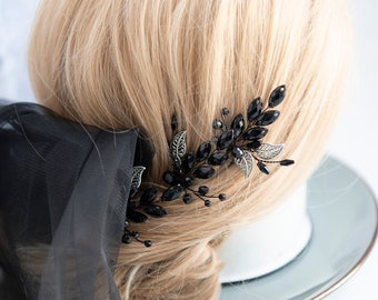 Horquillas de cristal negro - Adorno para el cabello de novia gótica - Juego de 3