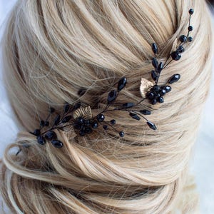 Black Crystal Bridal Hair Vine: Wedding Hairpiece with Golden Leaves