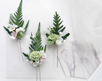 Épingles à cheveux fleur vert sauge : postiche de mariée rustique, lot de 3
