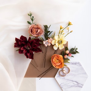 Rust Flower Hair Pins: Autumn Bridal Hairpiece, Set of 5