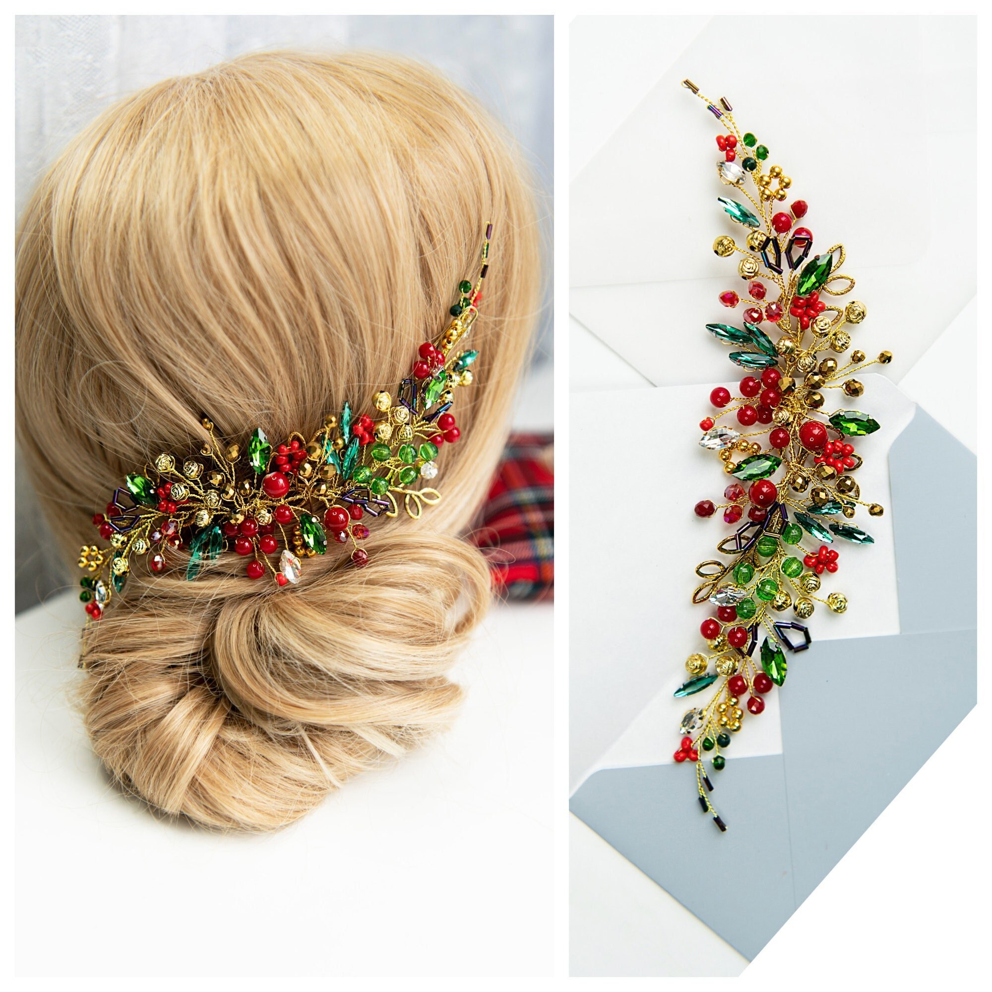 Vintage Christmas Green faux crystal hair comb Amazon.com : BETITETO Bridal Hair Comb Emerald Green Crystal  main image 4