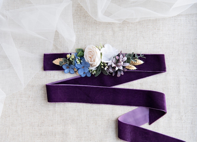 Purple special occasion belts and sashes - purple velvet floral belt sash