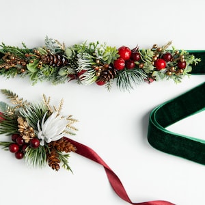 Winter flower belt Winter greenery belt Winter bridal belt Winter wedding belt Dark green flower belt Pine cone bridal belt Winter wedding