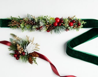 Winter Wedding Belt: Handmade Dark Green Velour, Pine Cone & Berry