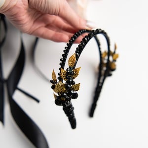 Black bridal hairpiece Black crystal crown Black gothic hairpiece Gothic bridal headband Black and gold hairpiece Gold leaves  hairpiece