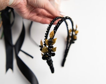 Black Crystal Bridal Crown: Gothic Gold Leaf Hairpiece