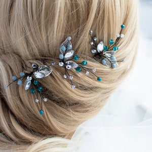 Turquoise Hair Pin Set of 3: Crystal & Bead Hairpiece