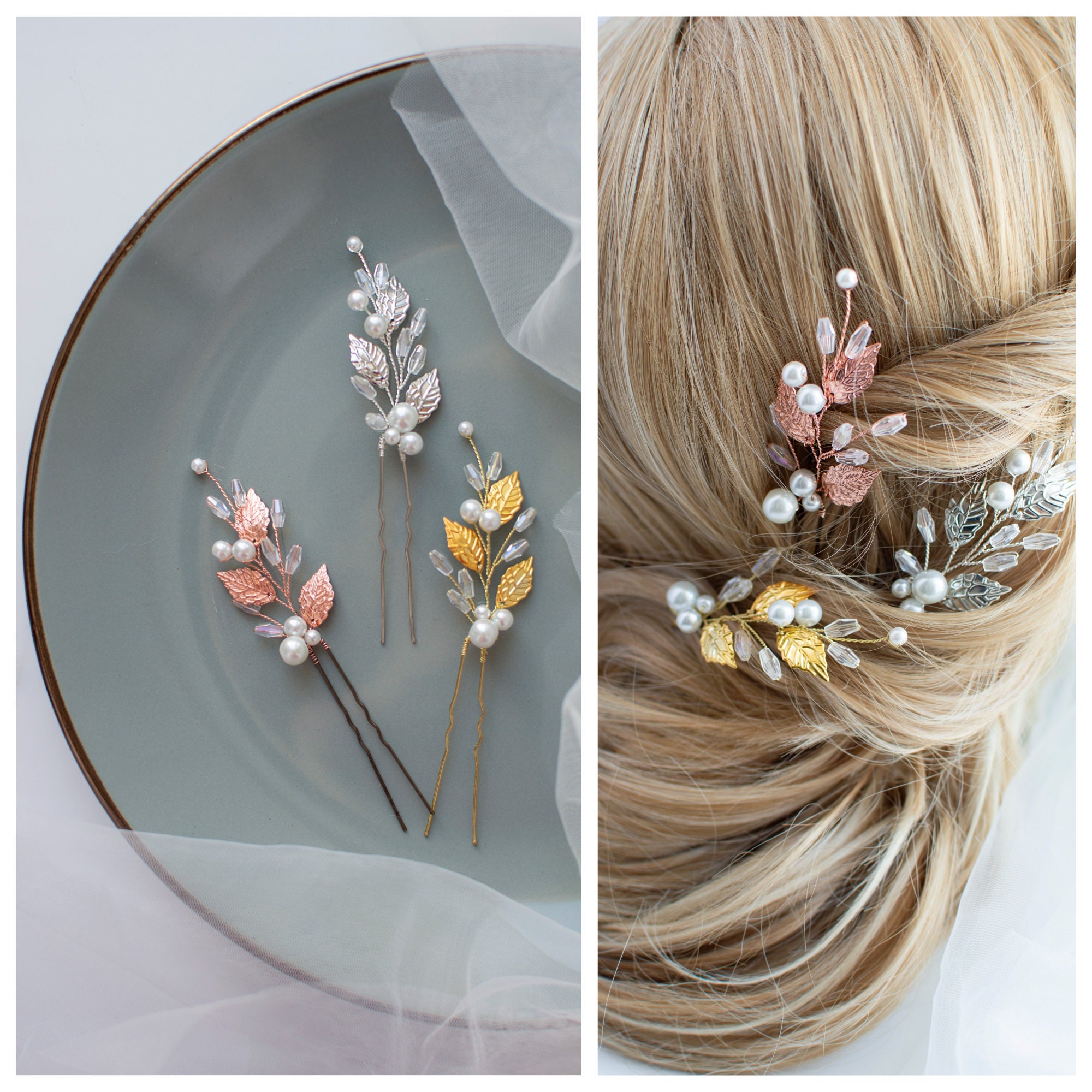Handmade Pearl Floral Bridal Hair Pin Set, Iridescent Crystal Leaf Wedding Headp Pearl Crystal Flower Bridal Hair Pin - Wedding Hair Jewelry  main image 2