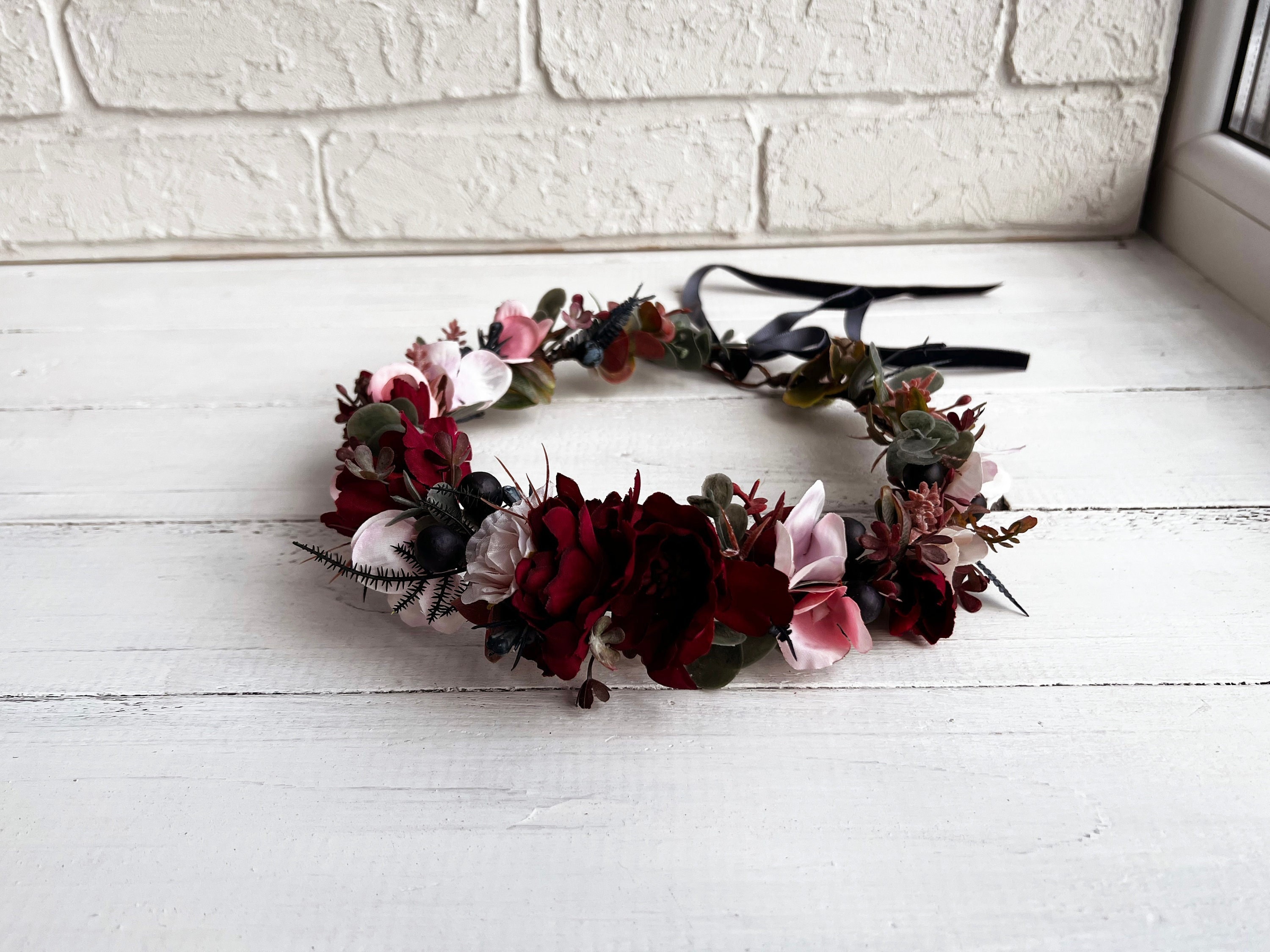 Burgundy Floral Crown: Navy & Blush Wedding Hair Wreath