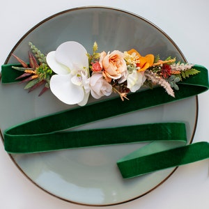 Green Velour Bridal Belt: Floral Wedding Dress Sash