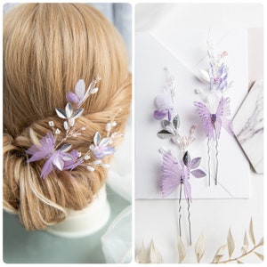 Set of 2 hair pins Butterfly hairpiece Butterfly hairpins Lavender hairpins Bridal flower pins Elegance hairpiece Silk butterflies hairpiece