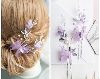 Set of 2 hair pins Butterfly hairpiece Butterfly hairpins Lavender hairpins Bridal flower pins Elegance hairpiece Silk butterflies hairpiece