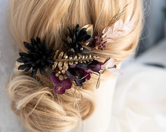 Horquillas góticas con flores negras: conjunto de tocado para boda