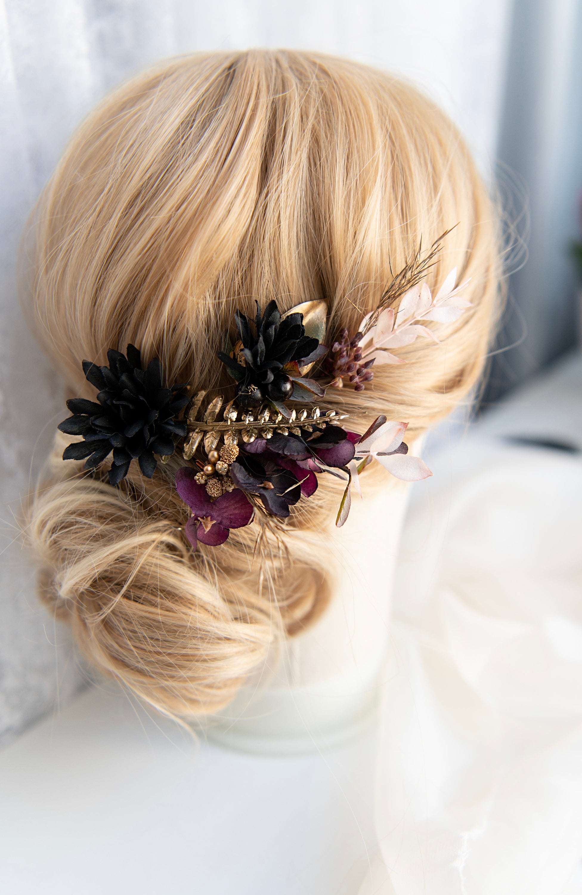 Black Resin Camellia Hairpin Set with 3 Flowers Gothic 