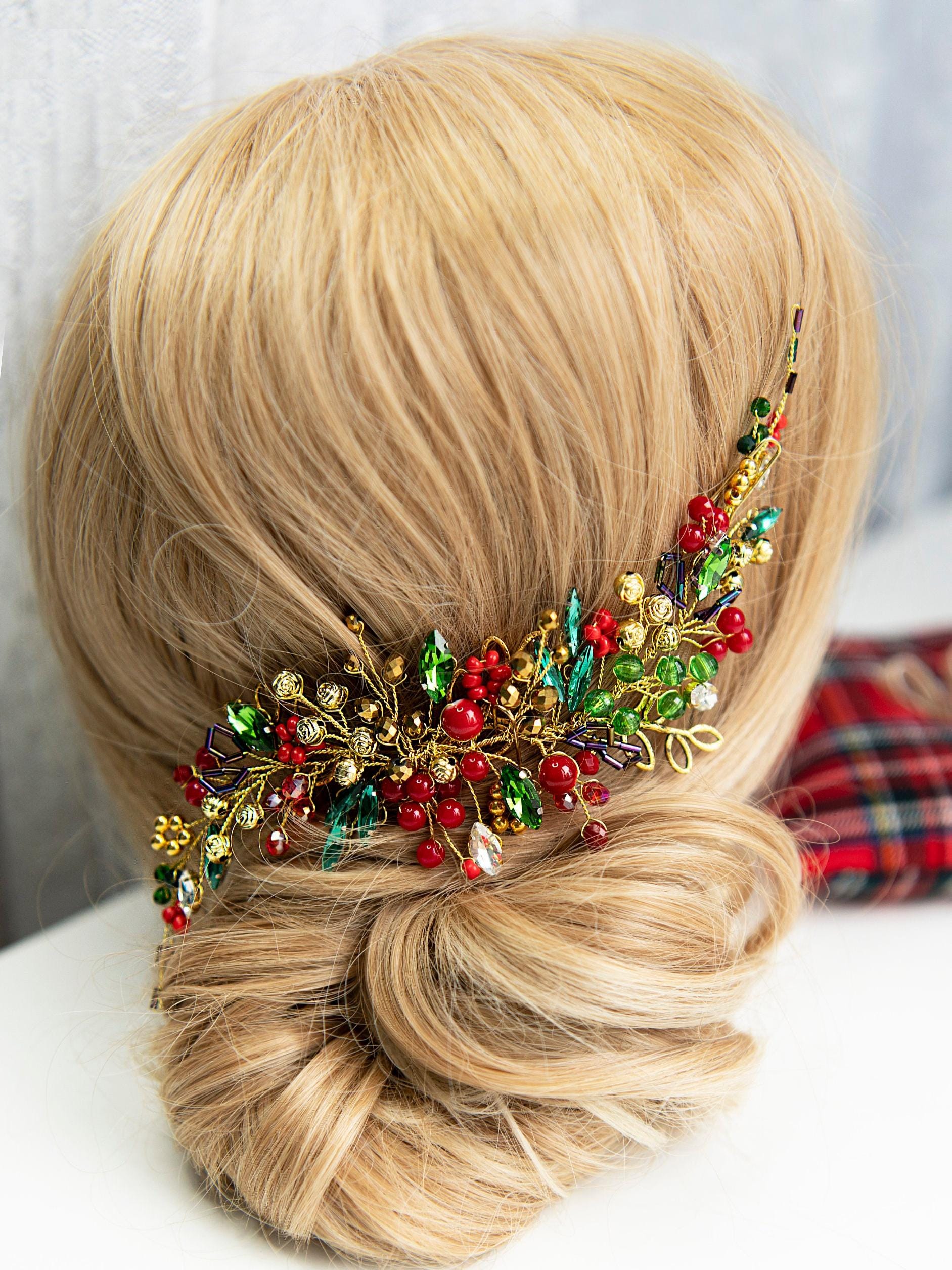 Red and Green Crystal Winter Wedding Hair Comb - Etsy display picture 2