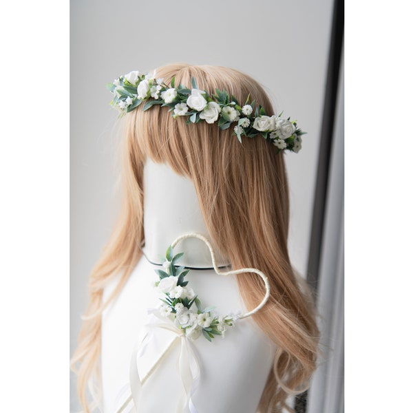 First communion hair wreath First communion hair crown Sage green crown Flower girl wand White flower crown White hair