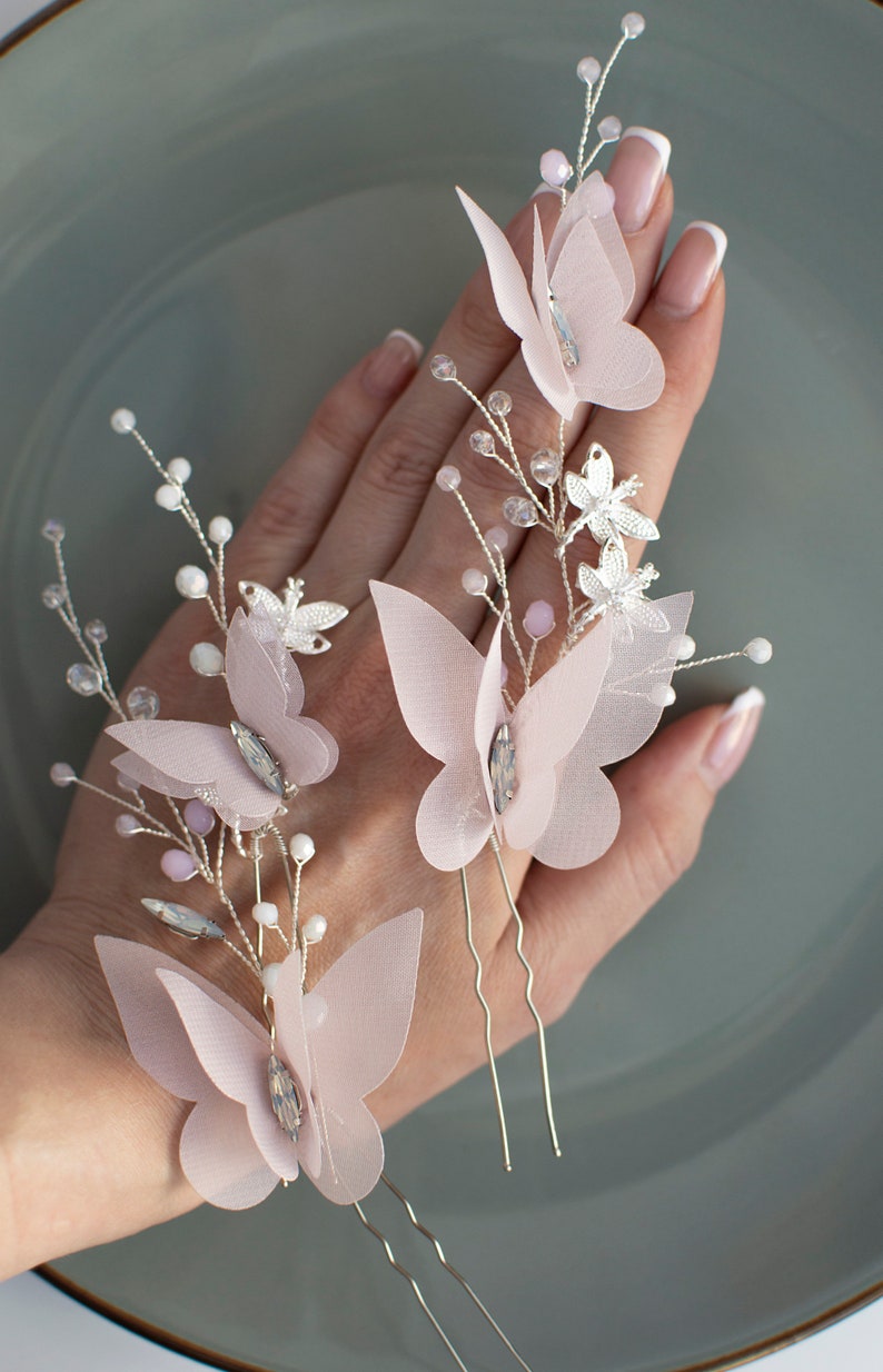 Pink bridal hairpins Butterfly hairpiece Butterfly hairpins Butterfly hair comb Butterfly crystal vine Bridal hairpiece Wedding hairpiece image 4