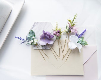 Lavendel Blüten Haarnadeln - Set mit 5 lila Braut Haarschmuck