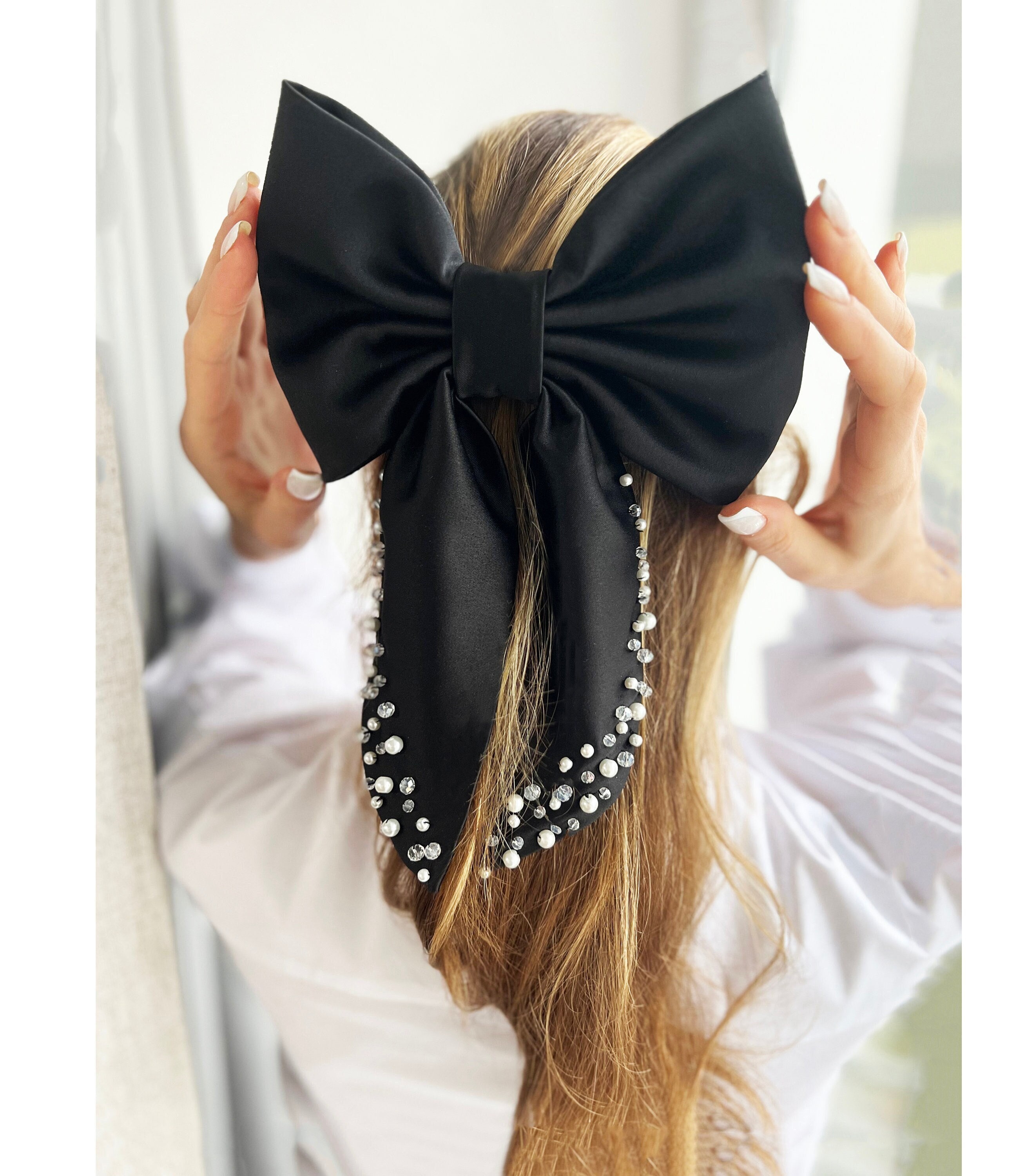 Black Satin Hair Bow: Handmade Pearl & Crystal Barrette - Etsy