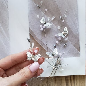 Bridal Hair Pin Set: Pale Pink Crystal Butterfly Wedding Hairpiece