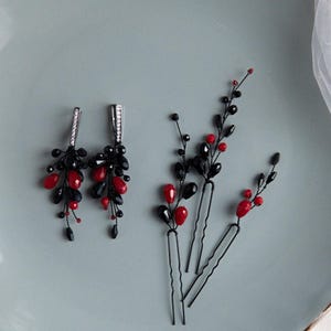 Black Crystal Hair Pins & Earrings: Gothic Red Bead Hairpiece