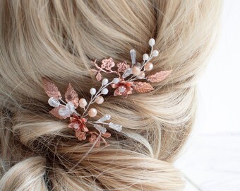 Set of 2 Rose gold hairpiece Rose gold hairpins Rose gold hairvine Blush wedding hairpiece Blush floral hairpins Blush haircomb