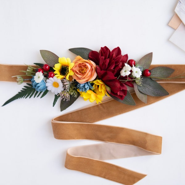 Autumn wedding accessories Tan flower belt Autumn flower crown Sunflower hairpiece  Sunflower flower belt Multicolored flower belt