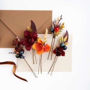 Autumn Flower Hair Pins: Burgundy Orange Wedding Hairpiece (Set of 5)