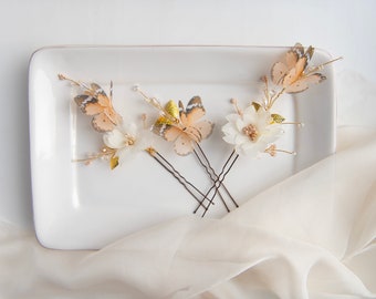 Butterfly Hair Pins: Bridal Hairpiece with Ivory Flowers (Set of 3)