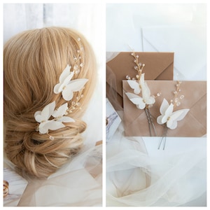 Ivory Butterfly Bridal Hair Pins: Wedding Hairpiece, Set of 2