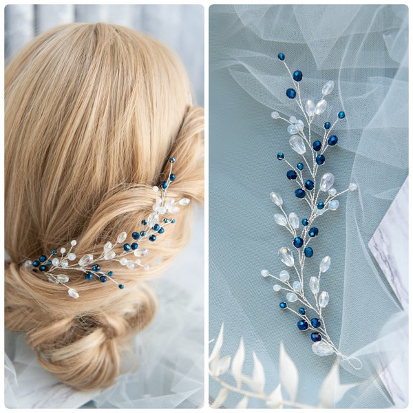 Navy crystal hairpiece Navy bridal hair vine Navy wedding comb Navy hair pins Blue bridal vine Wedding crystal vine Blue wedding hairpiece