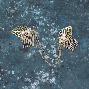 Gold Leaf Wedding Hair Comb: Pearl & Gold Wire Headpiece