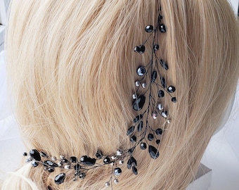 Gothic Wedding Headpiece, Black Crystal Vine, Witchy Bridal Halo, Dark Tiara