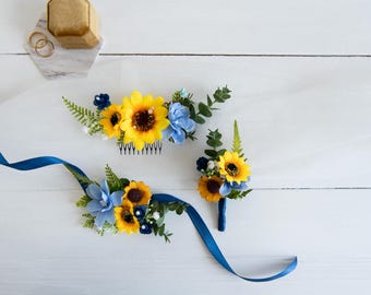 Sunflower Wedding Hair Comb Dusty Blue Navy Wrist Corsage Sunflower Boutonniere Rustic Country Wedding Flowers Bridal Hair Piece Flower Girl
