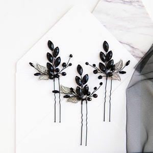 Black Crystal Hair Pins - Gothic Bridal Hairpiece - Set of 3