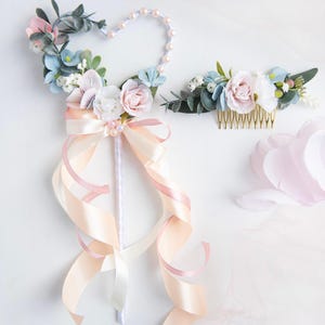 Bridal Flower Wand: Peach & Blue Floral Girl Bouquet