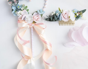 Bridal Flower Wand: Peach & Blue Floral Girl Bouquet