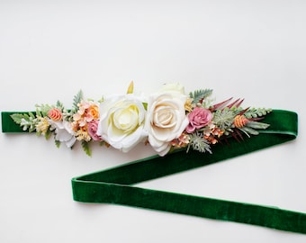 Flower belt  Floral belt  Maternity belt Green belt Green sash Flower sash Bridesmaid flower sash Bridal flower belt Flower sash belt