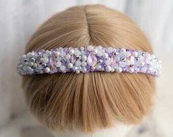 Beaded Lavender Headband With Pearls, Luxury Pastel Purple  display picture 3
