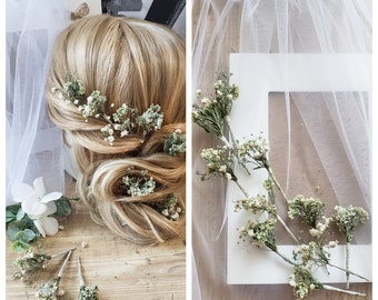 Épingle à cheveux gypsophile séchée Fleurs séchées épingle à cheveux Mariage rustique épingles à cheveux brosses à cheveux mariées séchées Fleurs séchées dans les cheveux