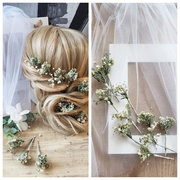 Dried Gypsophila hair pin Dried flowers hair pin Rustic wedding hairpins Dried bridal hairpins Dried flowers in hair