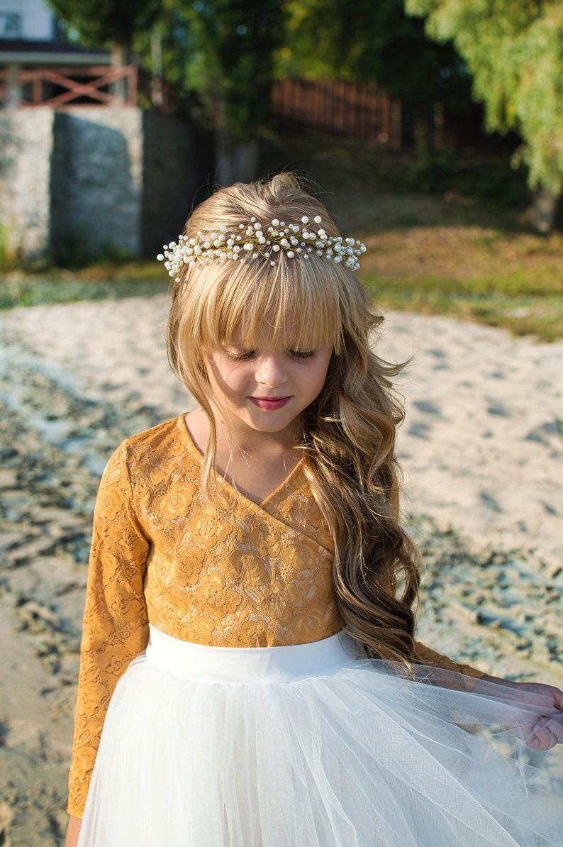 Pearl headband Pearl hair wreath Pearl hair crown Pearl flower girl crown Flower girl crown Flower girl hairpiece Gold pearl hair crown zdjęcie 1