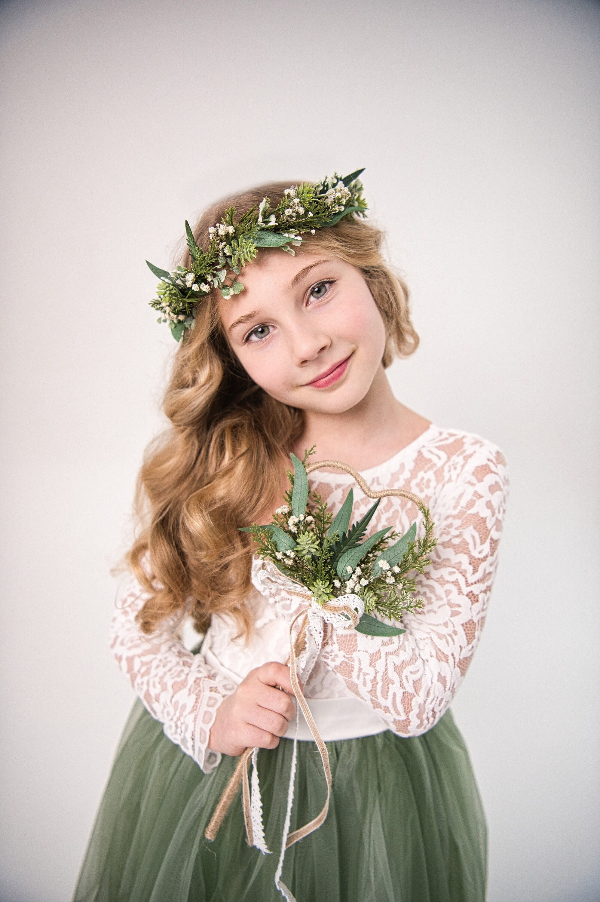 Woodland Flower Girl Wand and Crown: Sage Greenery Boho Hairpiece