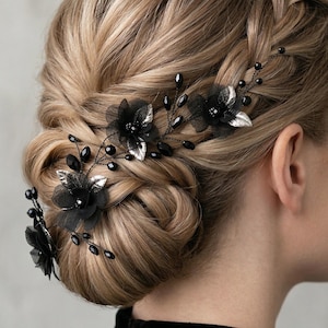 Handgemachte schwarze Chiffon Blumen Haarranke, Gothic Hochzeit Accessoire, dunkle Romantik Schmuck