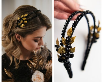 Black bridal hairpiece Black crystal crown Black gothic hairpiece Gothic bridal headband Black and gold hairpiece Gold leaves  hairpiece
