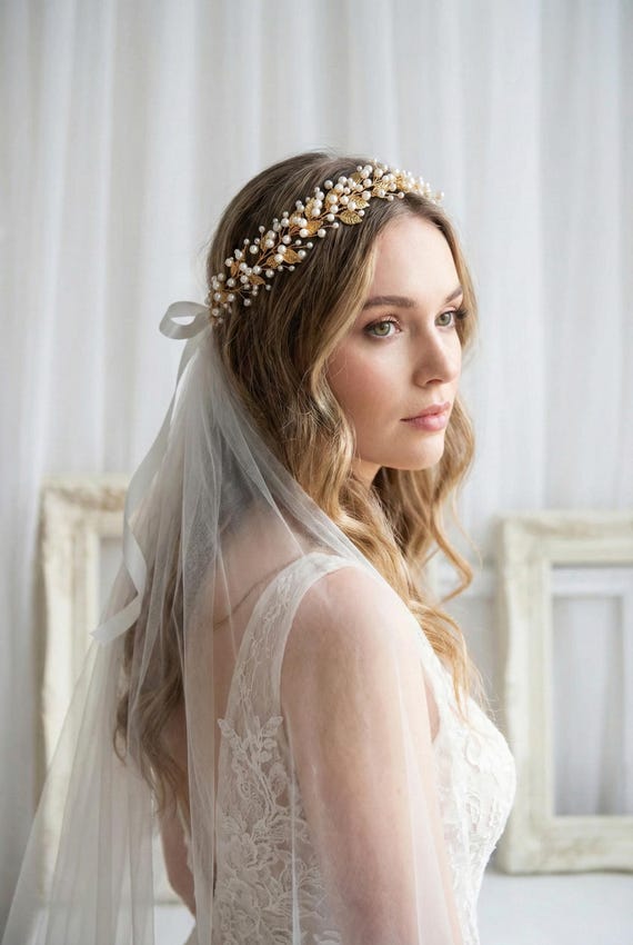 Pearl and Gold Leaf Halo, Bridal Headband, Custom Wedding 
