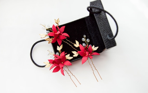 Red Flower Bridal Hair Pins: Crystal Rhinestone Wedding Hairpiece (Set of 3)