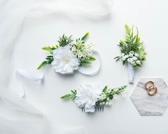 Spring wedding accessories Spring wrist corsage Spring boutonniere Spring hairpiece Spring hair comb  Lilies of the valley hairpiece