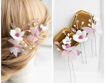Set of 3 hairpins Butterfly hairpiece Pink flower hairpins Pink wedding hair pins Blush wedding hairpins Flower butterflies hairpins